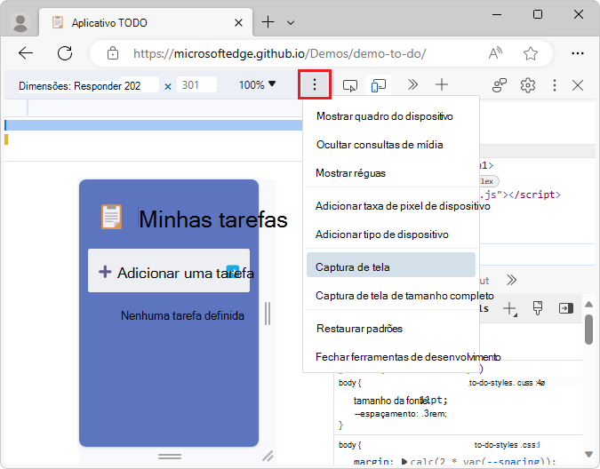 A opção Captura de ecrã no menu Mais opções