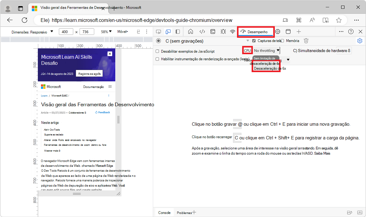 A lista pendente da CPU na ferramenta Desempenho