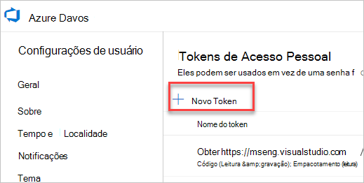 A página 'Tokens de Acesso Pessoal' no Azure DevOps