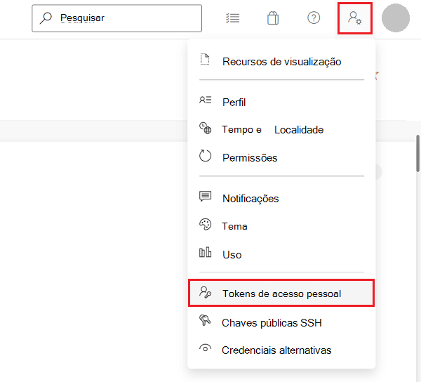 O menu 'Configurações do usuário' no Azure DevOps, com o comando 'Tokens de acesso pessoal'