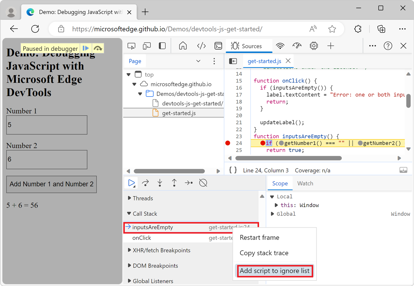 Adicionar um script à Lista Ignorar a partir do painel Pilha de Chamadas