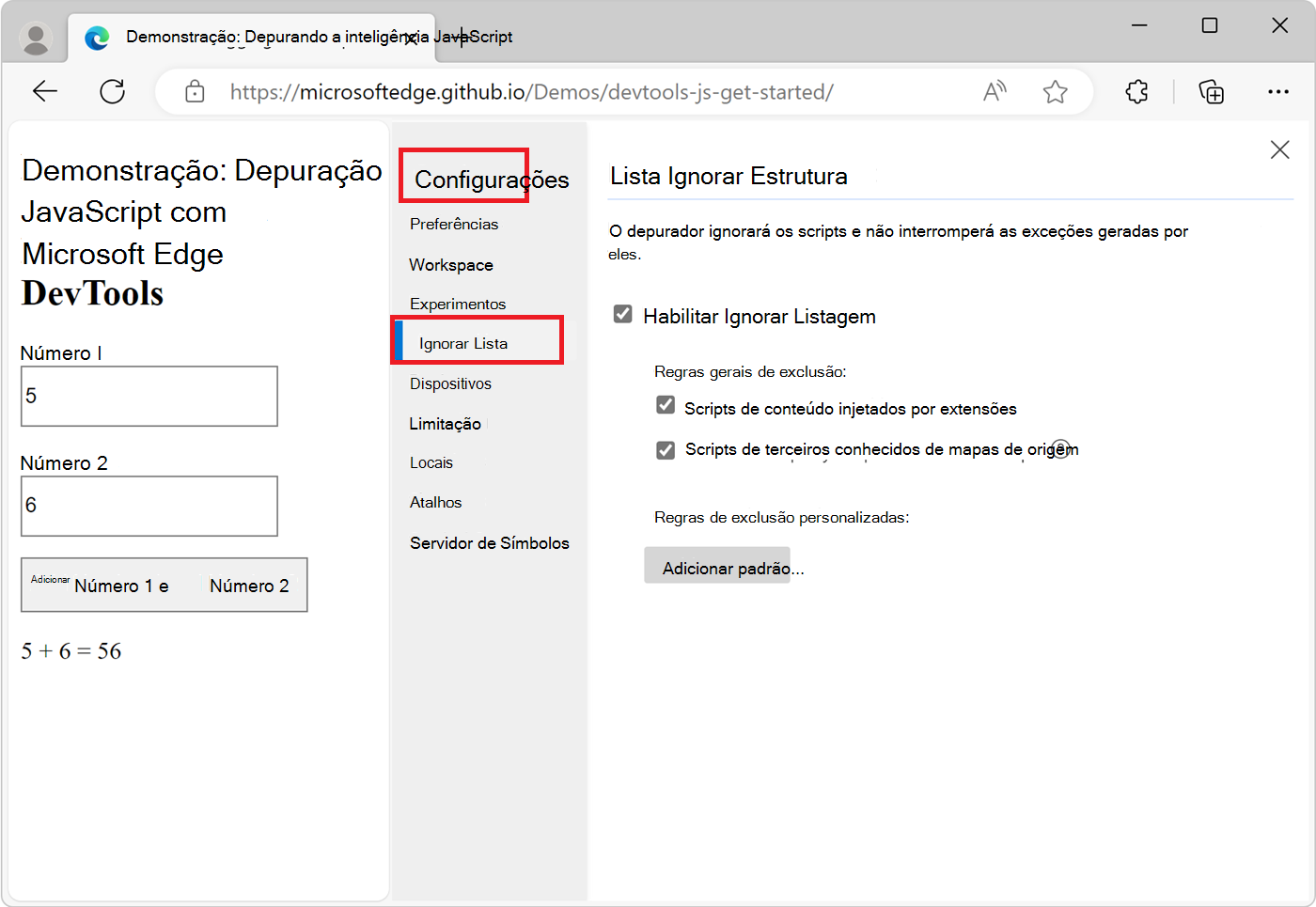 Adicionar um script à Lista Ignorar das Definições