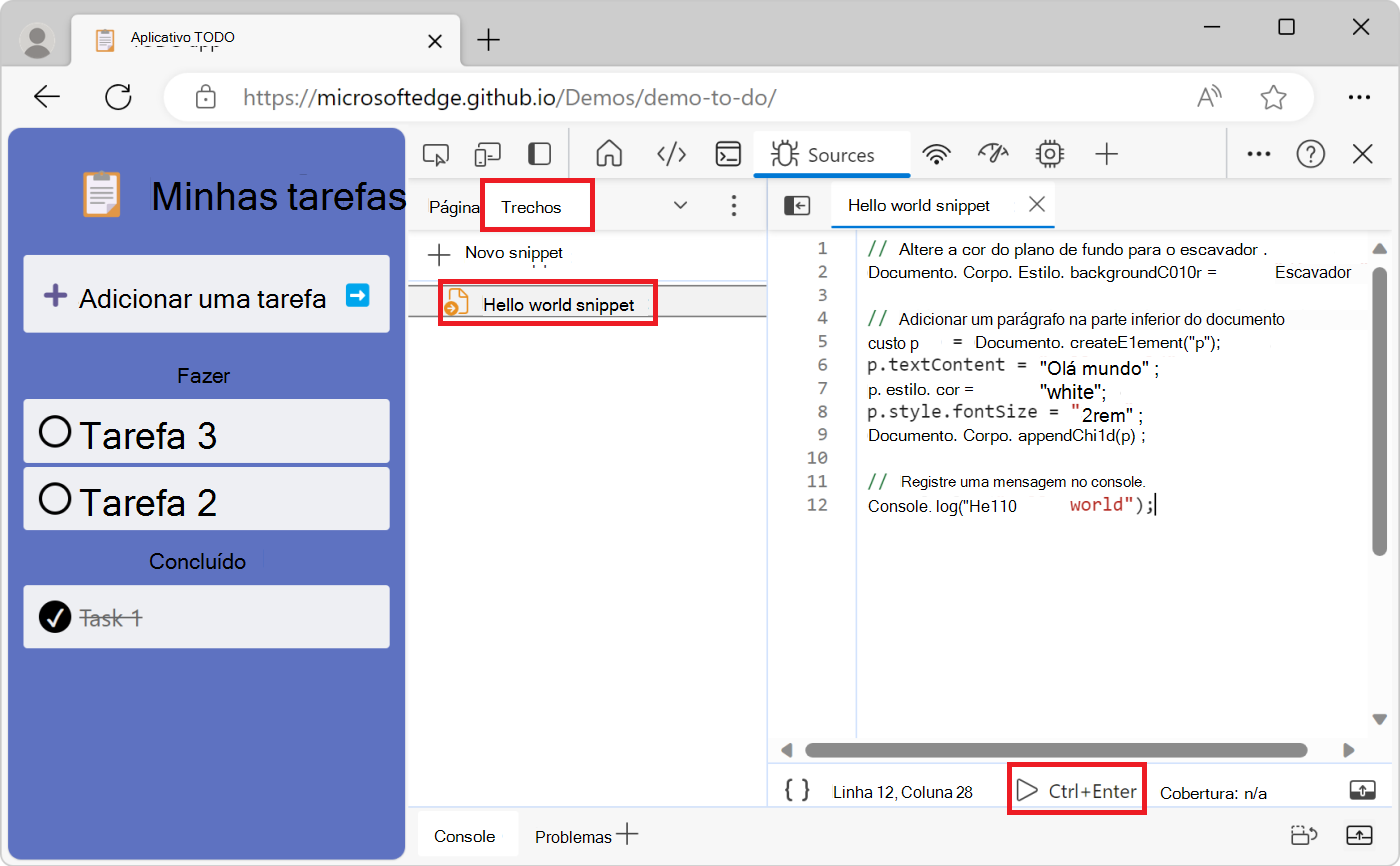 O botão executar fragmento na parte inferior do editor de código