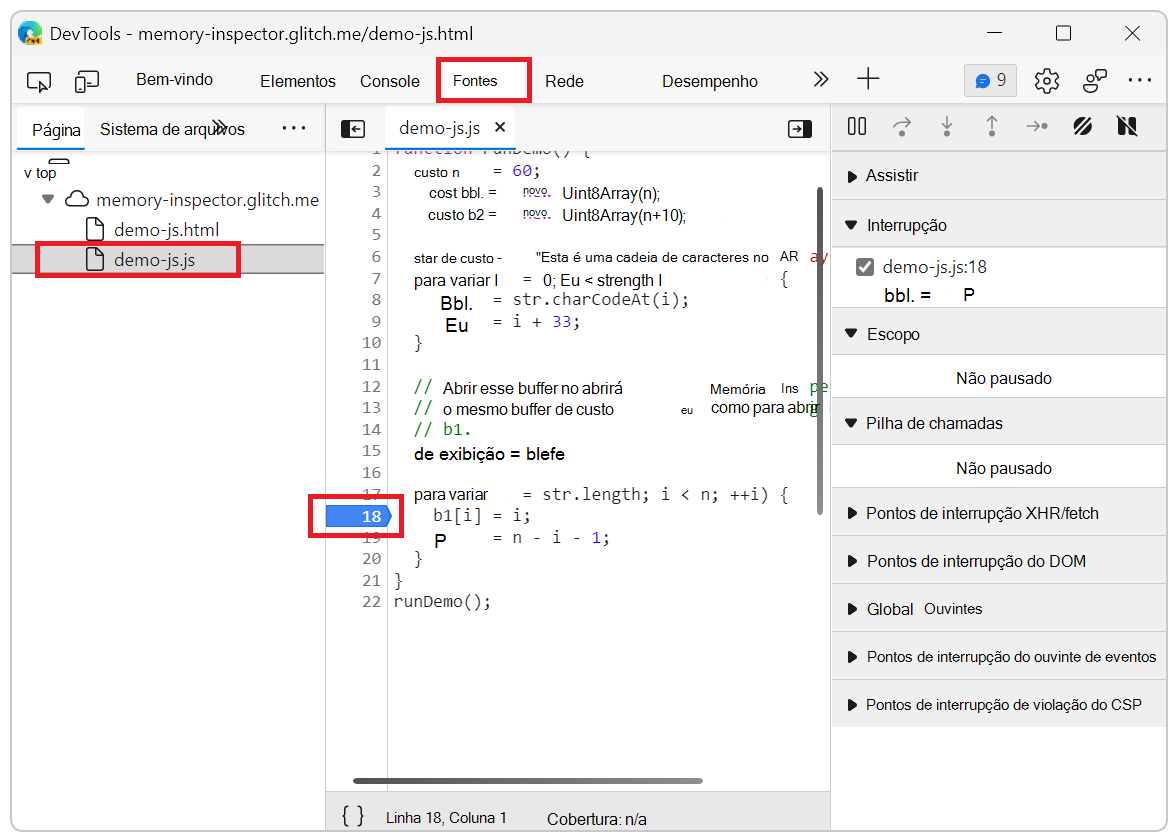 O Inspetor de Memória definiu o ponto de interrupção no ficheiro JavaScript