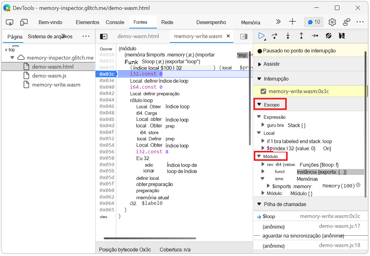 O Inspetor de Memória definiu o ponto de interrupção no ficheiro Wasm