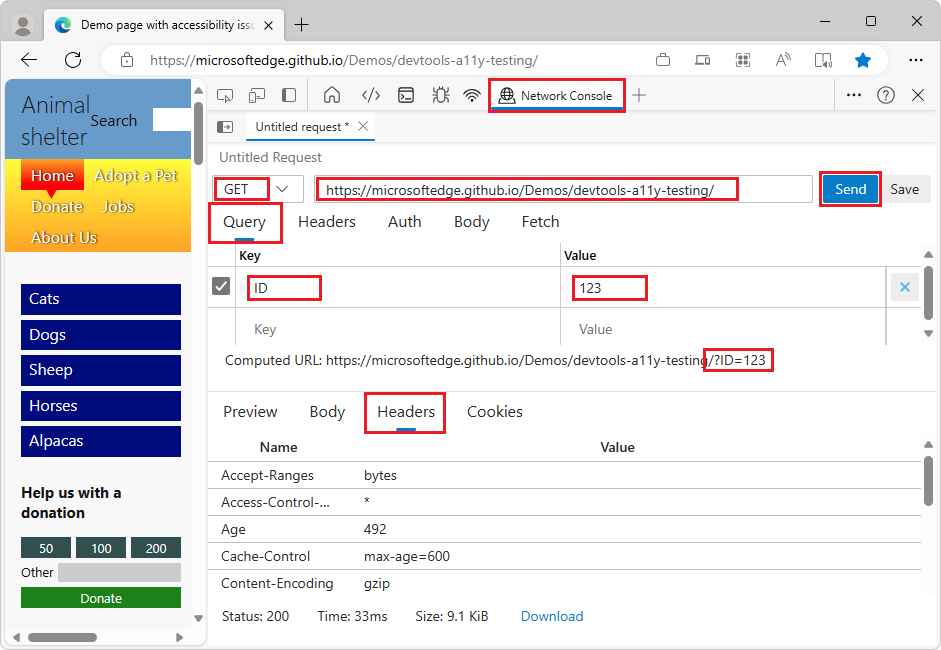 Introduzir pares chave/valor para construir um URL na ferramenta Consola de Rede