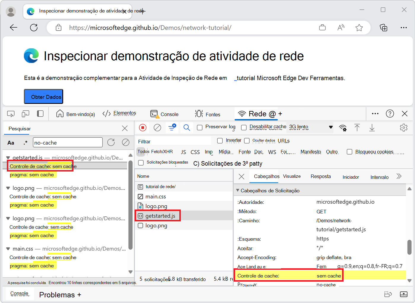 Um resultado de pesquisa realçado no painel Cabeçalhos