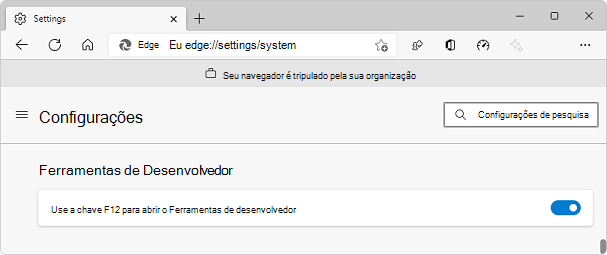 A página Definições do Edge, com a secção Ferramentas de Programação e o botão de alternar para desativar a tecla F12