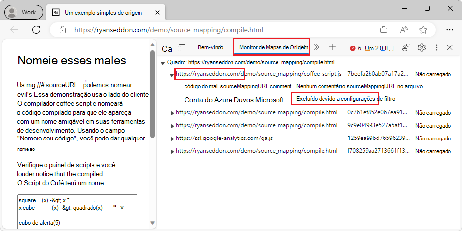 A ferramenta Monitor do Mapas de Origem indica as pesquisas de URL do mapa de origem tentadas