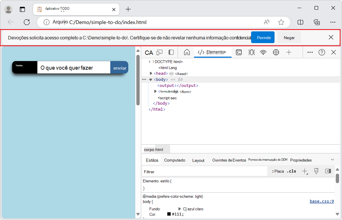 DevTools pedindo para obter acesso à pasta