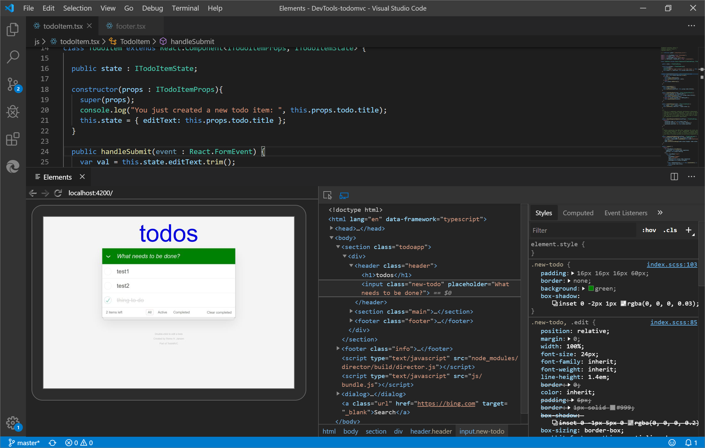 A ferramenta Elementos no Visual Studio Code com a extensão Elementos do Microsoft Edge