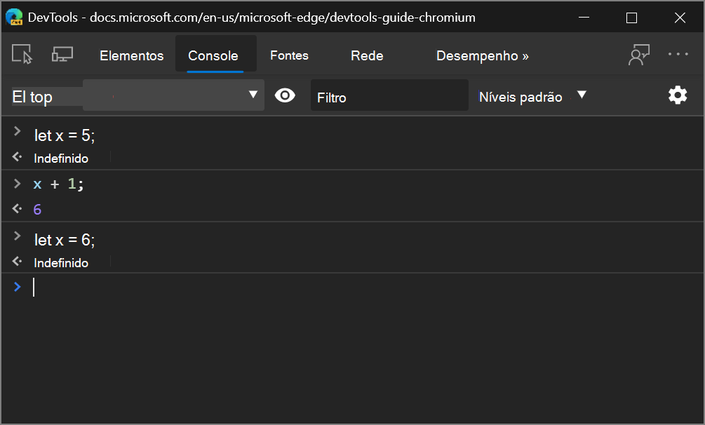 A Consola do Microsoft Edge 80 a mostrar que a redeclaração de lets teve êxito