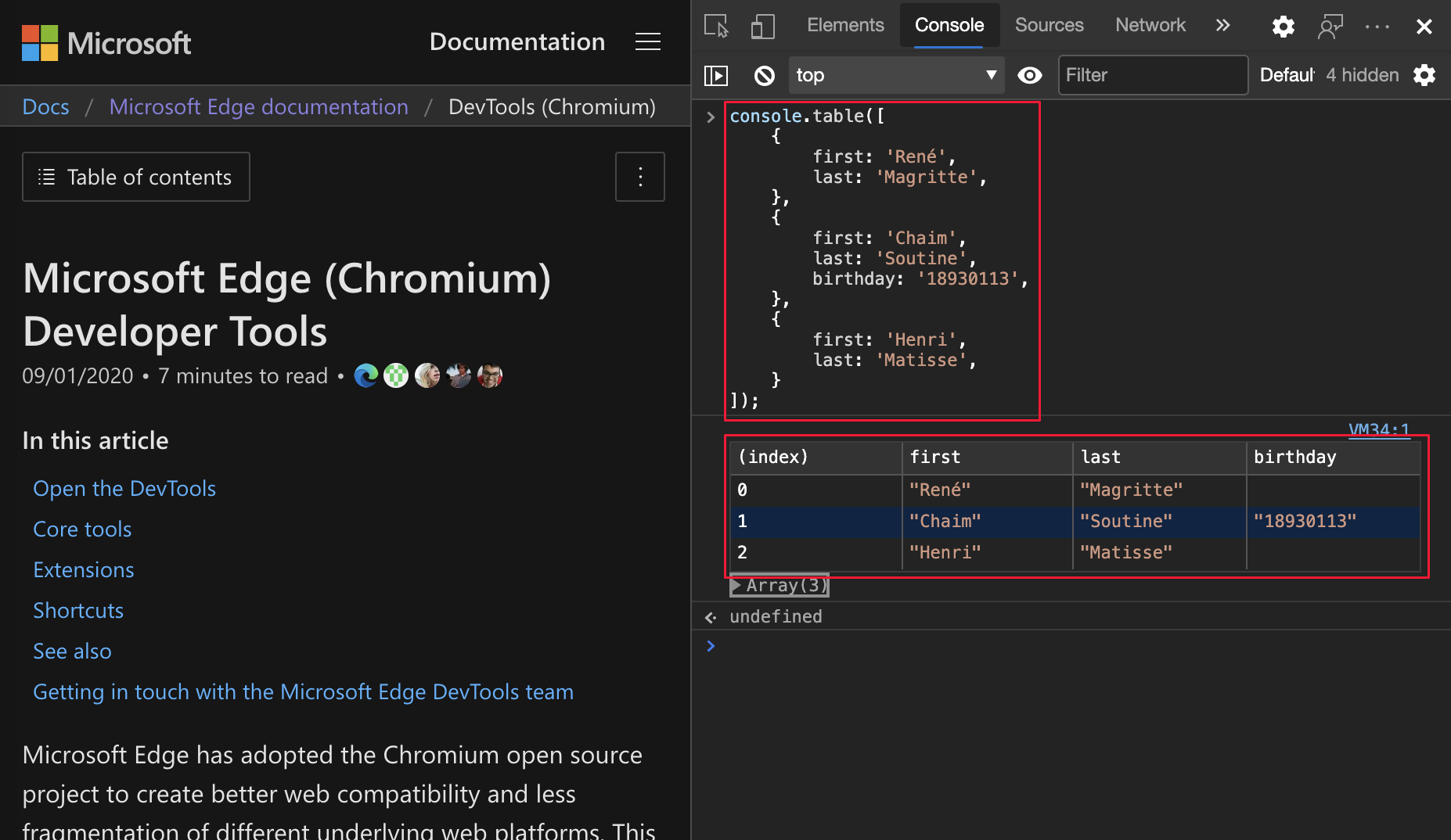 table Console API output in Microsoft Edge 86 or later (Saída da API da Consola da tabela no Microsoft Edge 86 ou posterior)