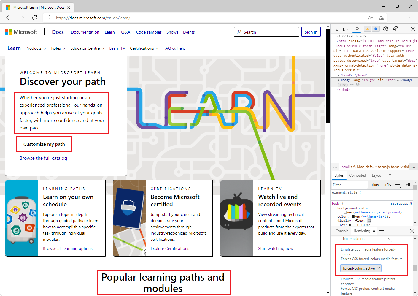 Uma página Web com a emulação de cores forçadas ativada na ferramenta de Composição. Texto alterado para texto preto num fundo branco