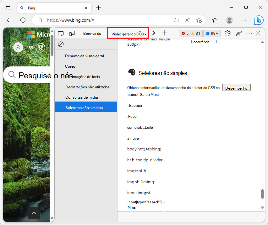 A nova lista de seletores não simples na ferramenta Descrição Geral do CSS