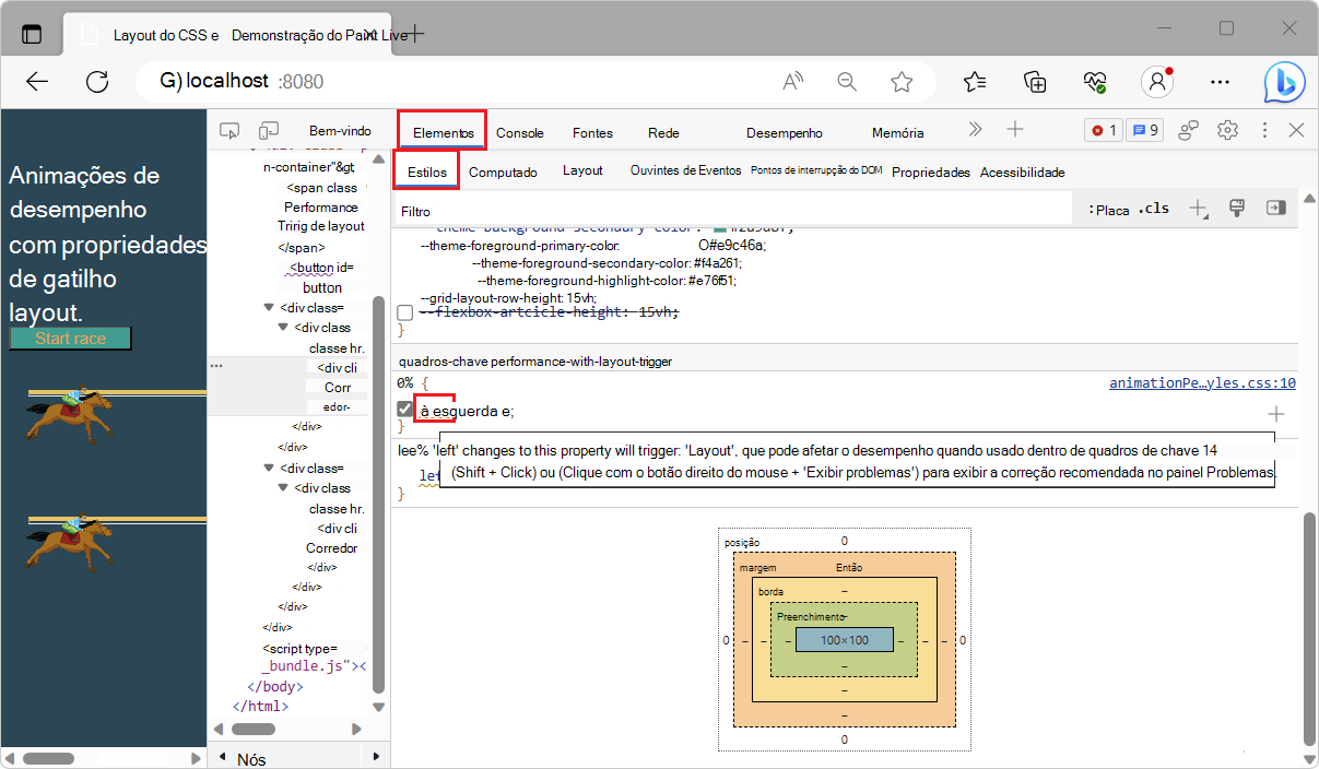 Problema de Esquema CSS no painel Estilos