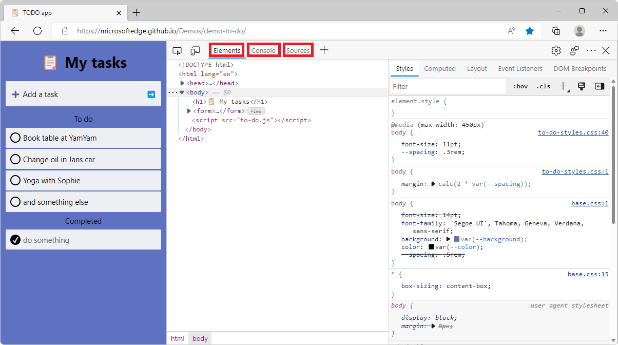 Painéis e barras laterais de DevTools