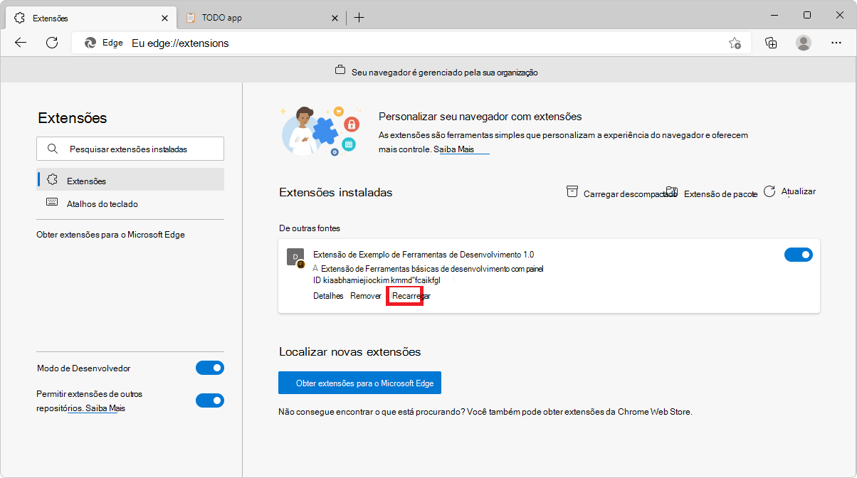 A página de extensões do Microsoft Edge a mostrar onde está o botão Recarregar