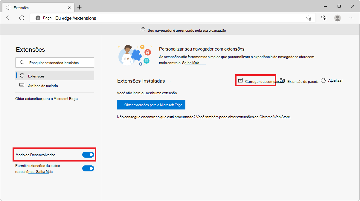 A página edge://extensions no Microsoft Edge a mostrar os botões Modo de programador e Carregar desempacotado