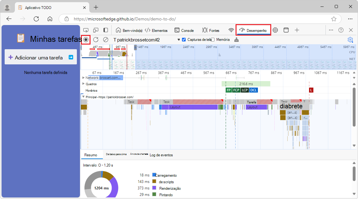 O perfil de desempenho registado apresentado na ferramenta DevTools Performance