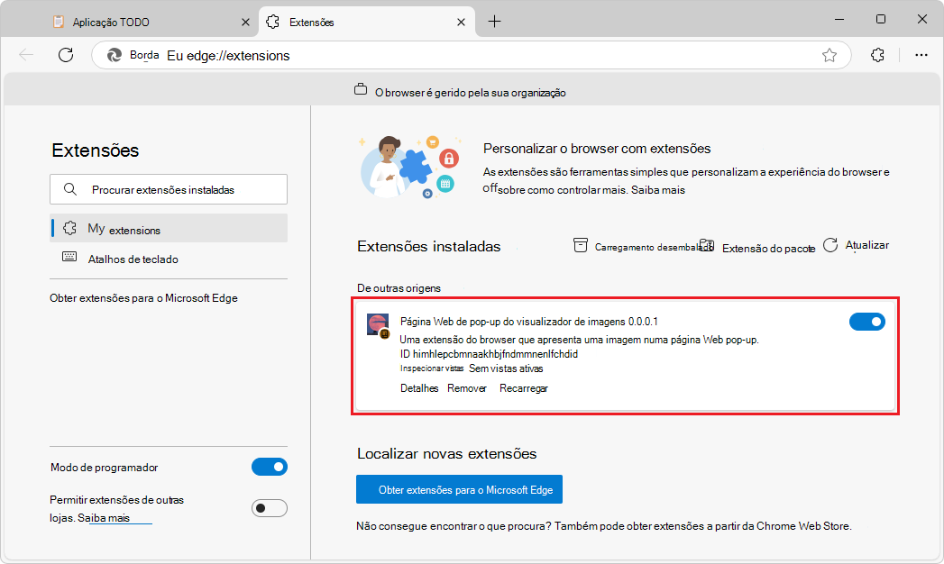 Página de extensões instaladas a mostrar uma extensão de sideload