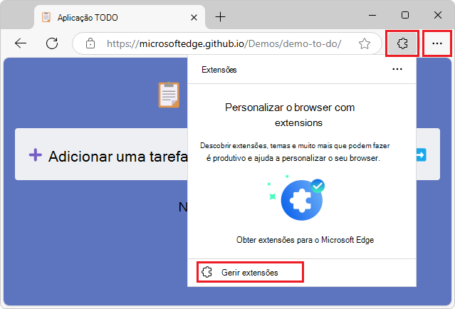 O pop-up Extensões quando não existem extensões instaladas