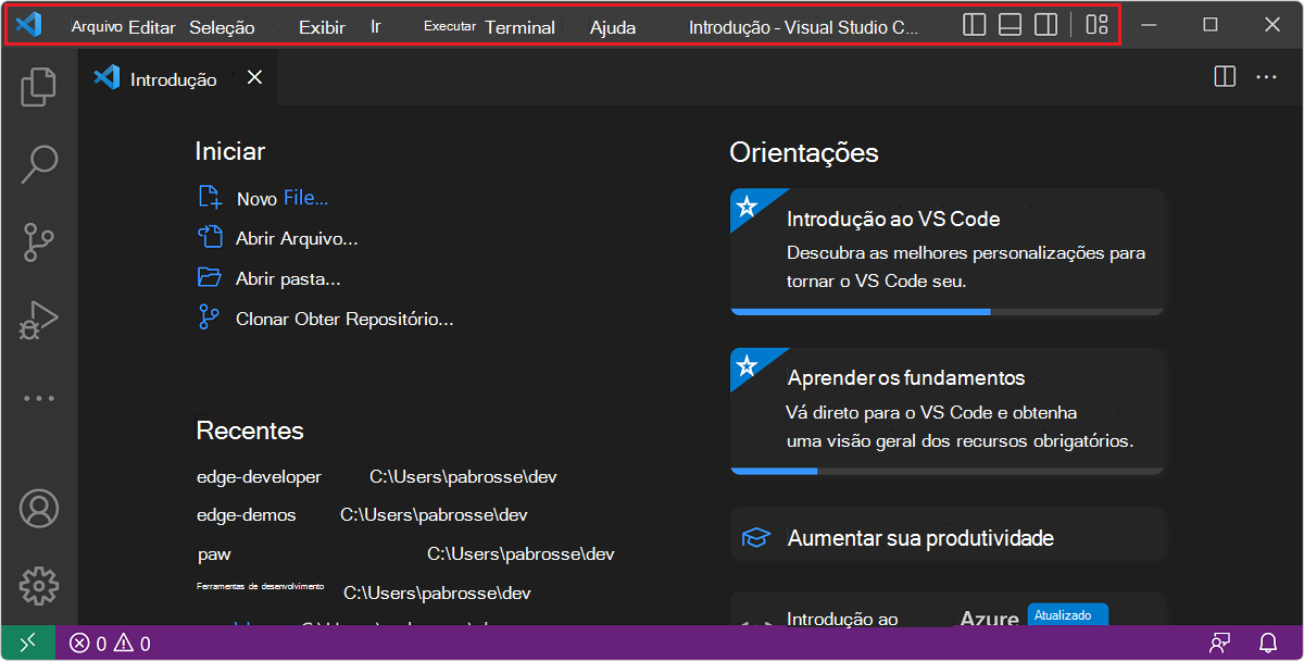 Visual Studio Code apresenta conteúdo na área da barra de título