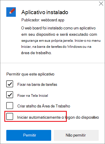 A caixa de diálogo pós-instalação é aberta automaticamente após a instalação de uma aplicação