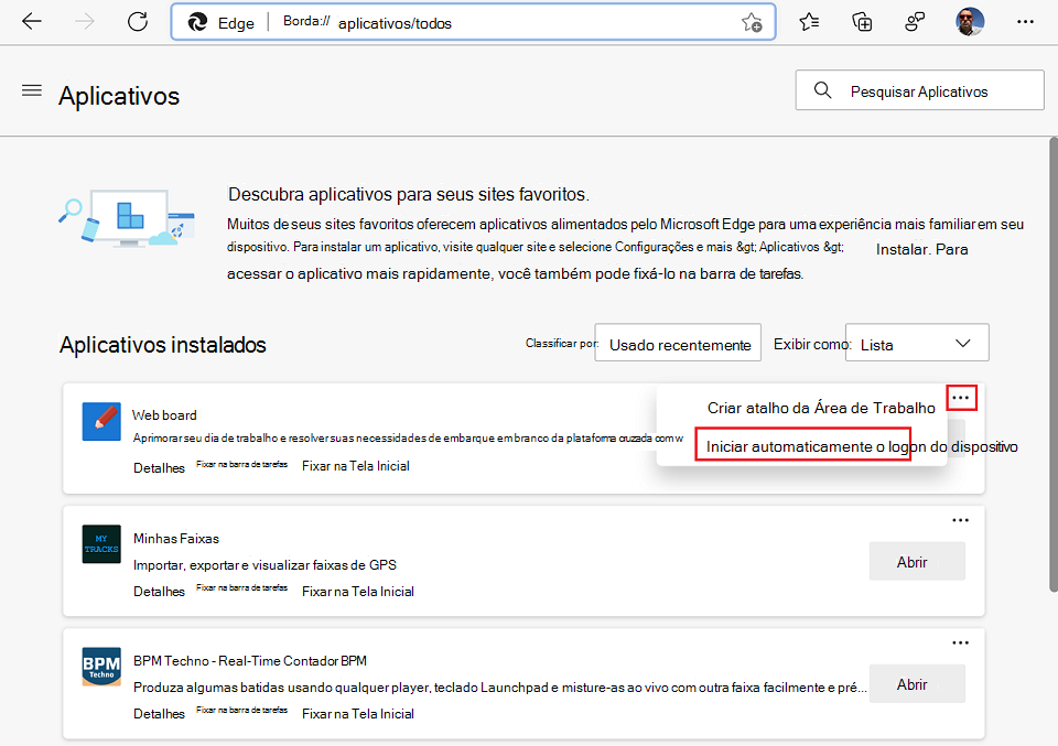 Use o menu Mais Opções para ativar o recurso 'Iniciar automaticamente no logon do dispositivo' no Microsoft Edge