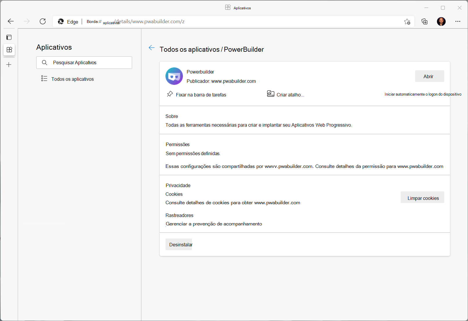 A página de detalhes da aplicação no Microsoft Edge