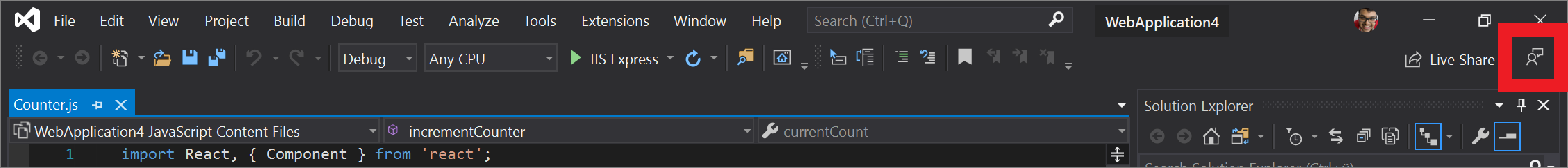 O ícone Enviar Comentários no Visual Studio