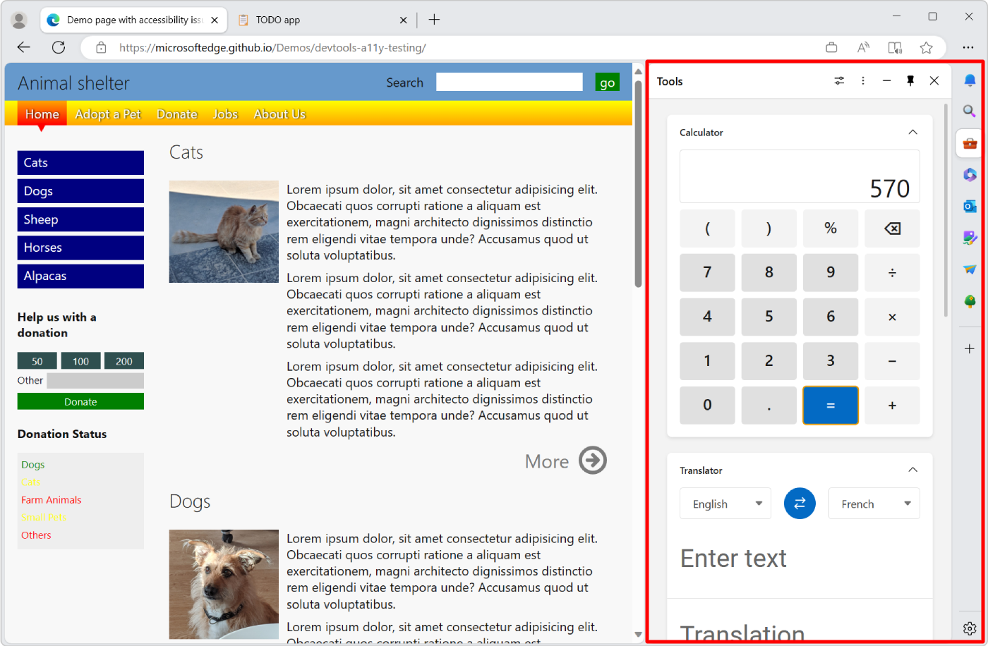 A barra lateral no Microsoft Edge a mostrar ferramentas úteis, juntamente com o separador main