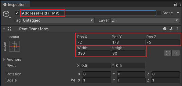 Propriedades atualizadas do Campo de Entrada no Inspetor do Unity