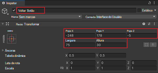 Propriedades atualizadas do Botão De Volta no Inspetor do Unity