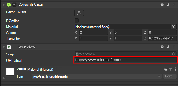 O campo de entrada da URL atual para o pré-fabricado do WebView no Inspetor do Unity