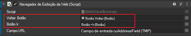 O Prefab do Navegador WebView com variáveis atribuídas no Inspetor do Unity