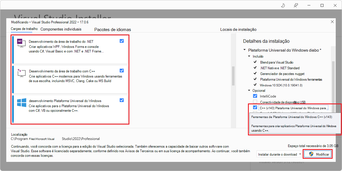 A caixa de diálogo 'Modificando o Visual Studio 2019' exibe cartões e detalhes da instalação