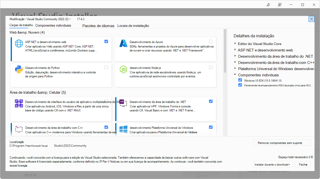 A janela Modificando o Visual Studio, o estado inicial