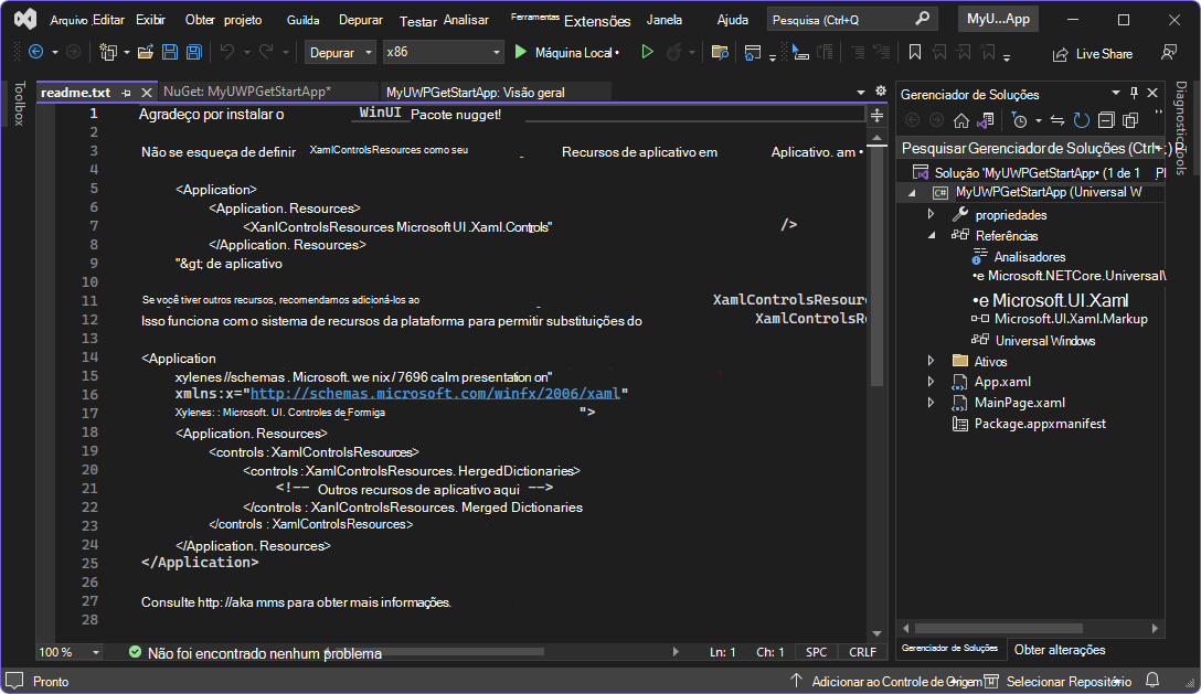 O arquivo readme.txt depois de instalar o pacote Microsoft.UI.Xaml, informa que você instalou o pacote WinUI NuGet