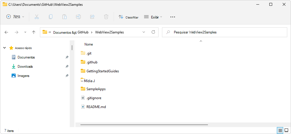 Explorador de Arquivos mostrando o diretório do repositório WebView2Samples clonado