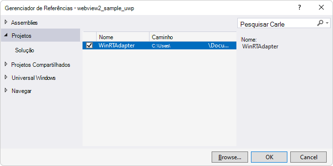 A caixa de seleção WinRTAdapter na caixa de diálogo Gerenciador de Referência para o projeto main