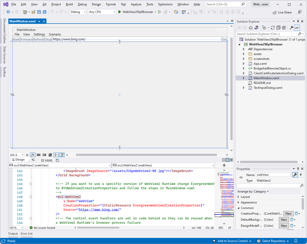 O projeto WebView2WpfBrowser no Visual Studio