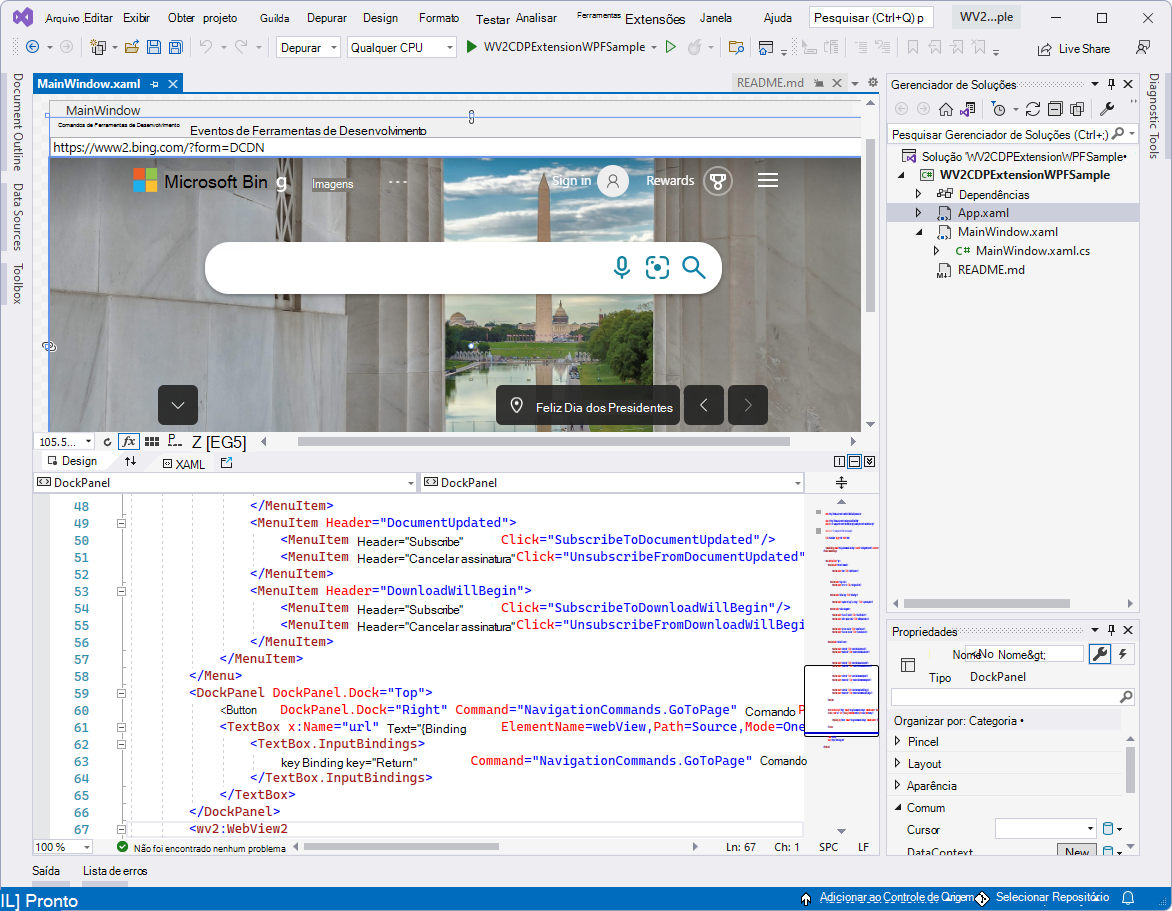 O exemplo WV2CDPExtensionWPFSample aberto no Visual Studio no Gerenciador de Soluções