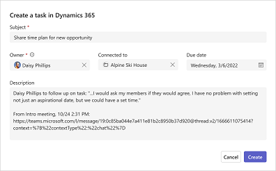 Captura de ecrã a mostrar Criar tarefa do CRM no Dynamics 365.