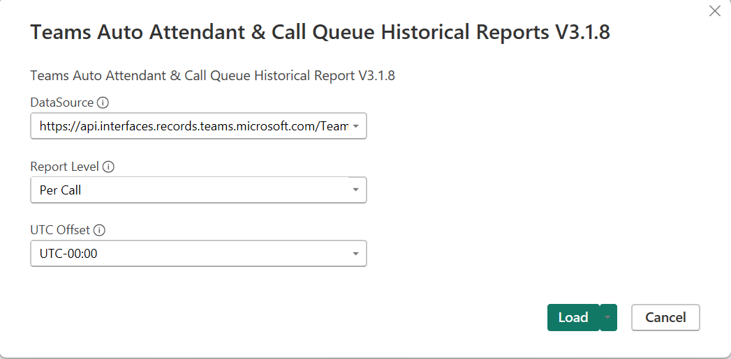 Captura de ecrã a mostrar as seleções DataSource, Report Level e UTC Offset.