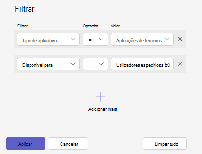 Captura de ecrã a mostrar como filtrar aplicações ao combinar vários critérios, como a disponibilidade da aplicação, o tipo de aplicação e o status de aplicações.