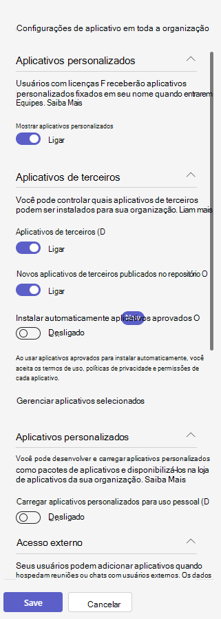 Captura de tela do painel configurações de aplicativos de toda a organização na página Gerenciar aplicativos