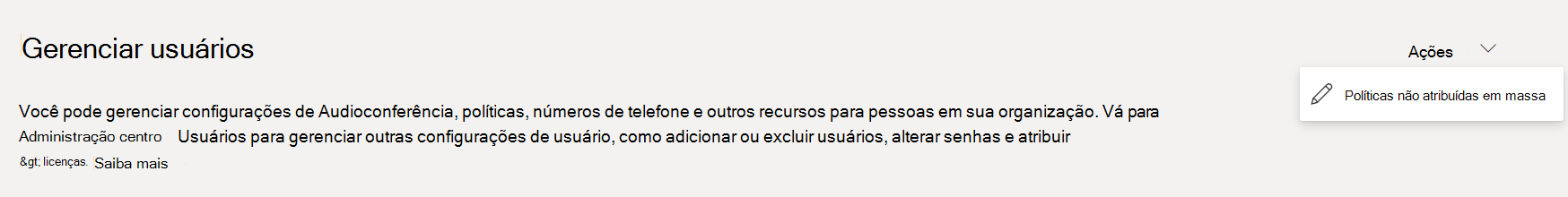 Página Gerir utilizadores no centro de administração do Teams.