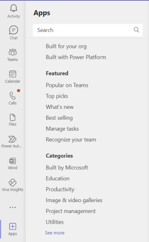 Captura de ecrã que mostra todos os locais onde os utilizadores podem procurar aplicações no Microsoft Teams.