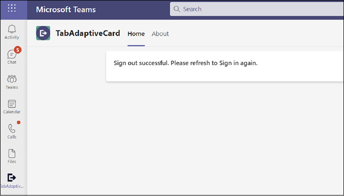 Captura de ecrã a mostrar TabAdaptiveCard com a mensagem Terminar sessão com êxito.